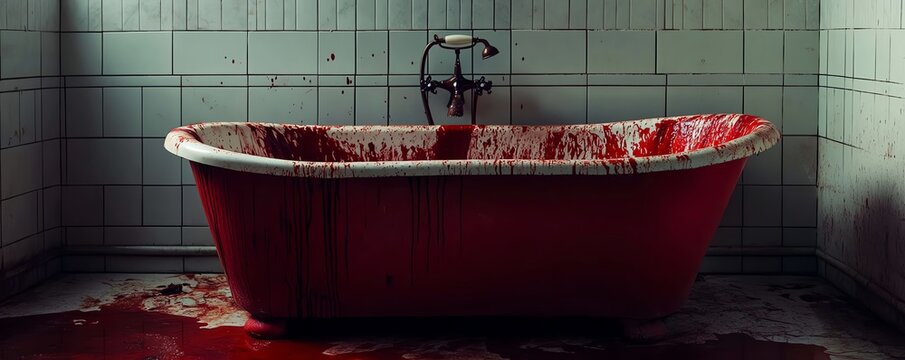 Blood-stained red bathtub in a grungy, abandoned bathroom indicating horror or crime scene. Dark and eerie atmosphere.
