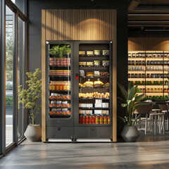 A modern vending machine filled with semi finished products stands in stylish interior, surrounded by greenery and contemporary decor, offering convenience and variety