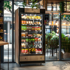 A modern vending machine filled with variety of semi finished products, snacks, and beverages, set in stylish indoor environment. vibrant display invites customers to explore healthy options