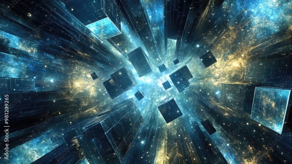 Aufkleber surreal abstract background featuring 3d rendered interstellar cubes in a panoramic view evoking a s