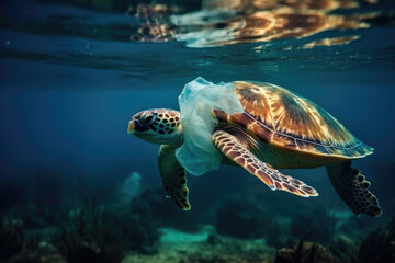 Fototapeta premium A sea turtle swims through clear water, inadvertently caught in a piece of plastic, showcasing the impact of pollution on marine life