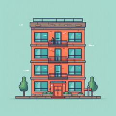 A vibrant, illustrated apartment building stands amid lush greenery, showcasing colorful features and clear skies in an urban setting