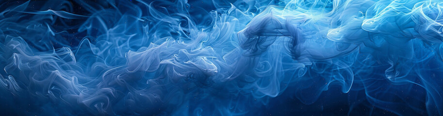 Fototapeta premium A mesmerizing display of bright blue flowing smoke on dark background creates an ethereal atmosphere. swirling patterns evoke sense of calm and intrigue, perfect for artistic projects