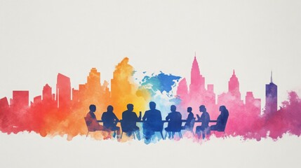 A colorful watercolor illustration depicting a silhouette of people in a meeting with a vibrant city skyline in the background.