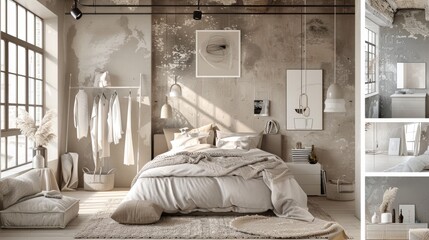 This moodboard displays a tranquil Scandinavian-inspired bedroom featuring soft textiles, natural light, and minimalist decor that embodies comfort and simplicity