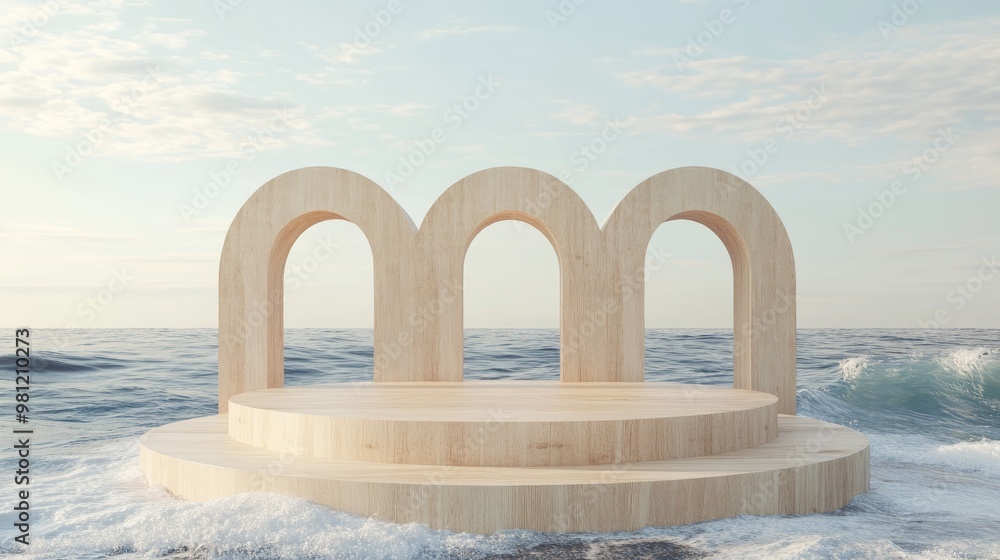 Poster 3d rendering of a wooden podium featuring arches against a sea landscape creating an abstract surrea