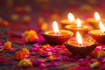 Celebrating Diwali festival, candles in temple with colorful background