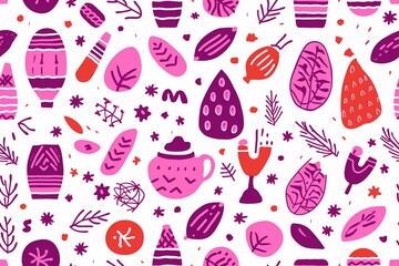 Christmas tree pattern, seamless background for wrapping paper, hand drawn spruces and snowflakes on red.