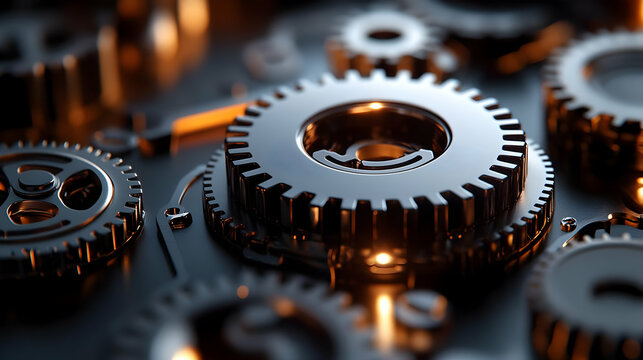 3D Glossy Prediction Algorithms in Motion: Close-Up of Gears & Cogs for Accurate Forecasting with Copy Space on Dark Background