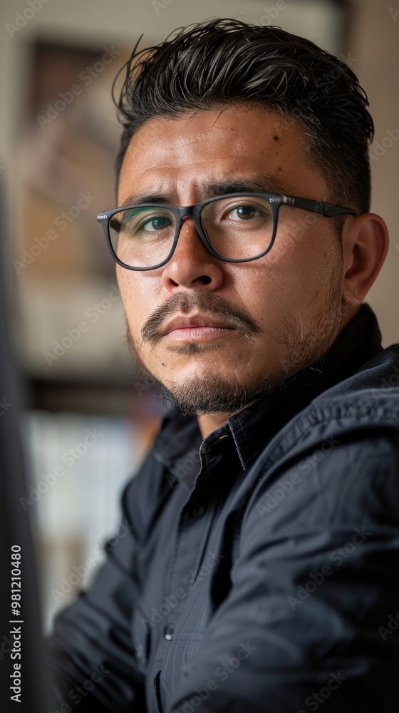 Poster a man with glasses sits at a desk, looking directly at the viewer with an attentive expression in a 