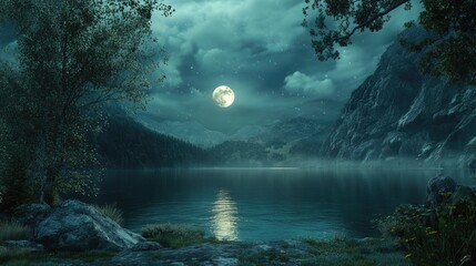 A dreamlike scene featuring a lake illuminated by moonlight