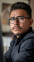 Obraz premium A man with glasses sits at a desk, looking directly at the viewer with an attentive expression in a contemporary office environment