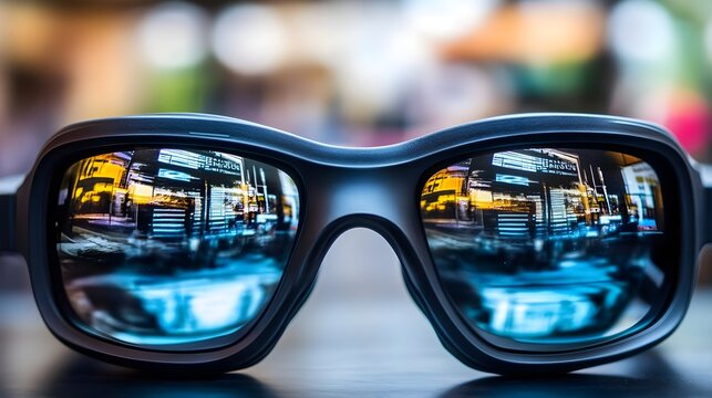 Stylish sunglasses with vibrant reflections showcasing a bustling urban scene, perfect for summer or outdoor activities.