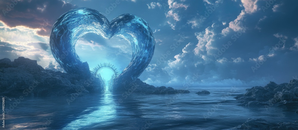 Poster surreal 3d rendered glass planet in the shape of a heart with a luminous gate set in an oceanic land