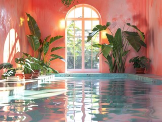 Tropical Indoor Pool with Lush Greenery and Sunlight