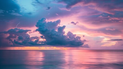 Fototapeta premium A tranquil evening scene with subtle lightning in the background. Soft pastel colors blend with dark clouds, providing a gentle contrast while maintaining natural balance