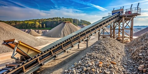 Mechanical conveyor belt crushing rocks to produce gravel, mechanical, conveyor belt, pulverize, rock, stone