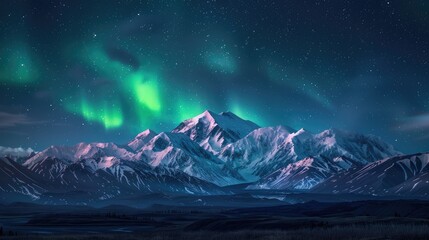 Stunning Northern Lights over snowy mountain range at night, with vibrant green auroras illuminating the dark sky. Perfect for nature and scenery lovers.