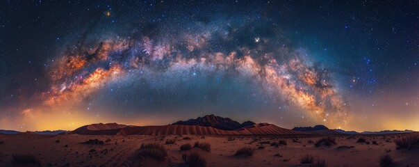 Naklejka premium Stunning panoramic view of the Milky Way galaxy arching over a desert landscape at night, showcasing celestial beauty and vibrant star formations.