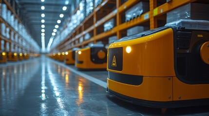 Automated guided vehicles navigate through a warehouse aisle during busy operational hours