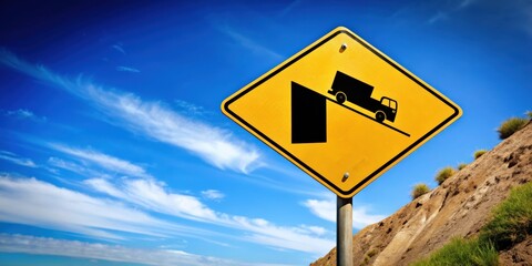 Steep road sign warning of slope with truck climbing hill , road sign, steep, warning, slope, truck, hill, climb