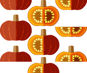 Set of Sunshine kabocha squash. Winter squash. Cucurbita maxima. Vegetables. Flat style. Isolated vector illustration.