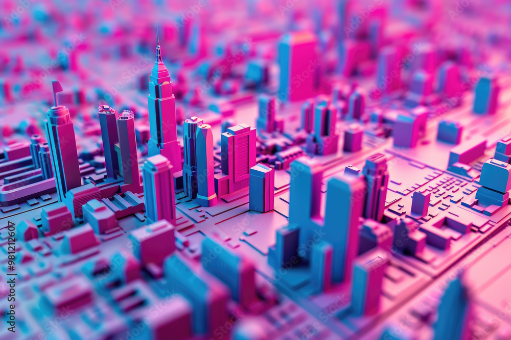 Poster a vibrant 3d city model showcases an array of skyscrapers and urban structures bathed in pink and bl