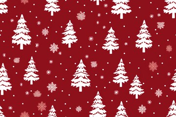 Christmas tree pattern, seamless background for wrapping paper, hand drawn spruces and snowflakes on red.