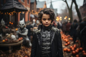 Fototapeta premium The young boy in a dark outfit stands proudly as the centerpiece of a bustling Halloween gathering, surrounded by pumpkins and eerie decorations