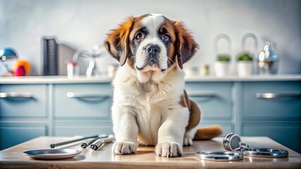 Adorable St Bernard puppy sits calmly on a examination table at a veterinary clinic, surrounded by medical equipment and toys, looking up with big brown eyes.