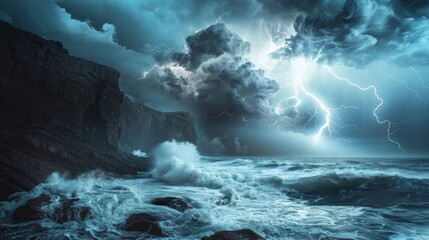 Massive lightning storm over a coastal cliffside, with waves crashing below. The energy of the sea matches the dynamic sky, leaving room for clean typography