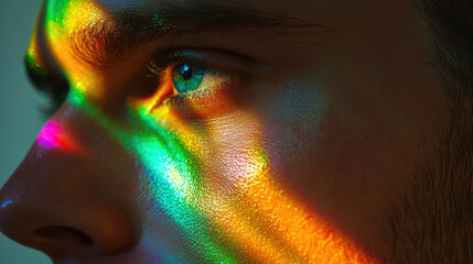Close up of mans face with rainbow reflections highlighting his features, showcasing vibrant colors and textures. interplay of light creates captivating visual effect