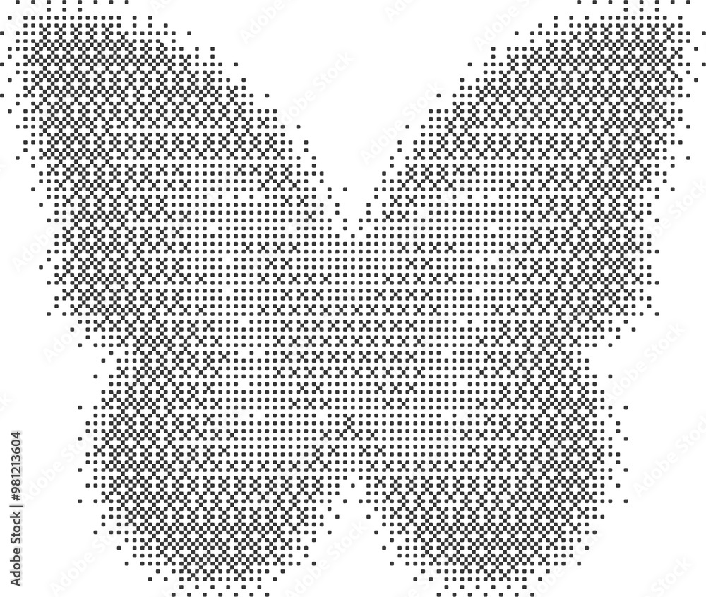 Poster bitmap pattern abstract butterfly shape. halftone gradient element. dither noisy grunge texture. gra