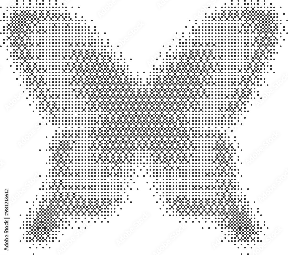Poster bitmap pattern abstract butterfly shape. halftone gradient element. dither noisy grunge texture. gra