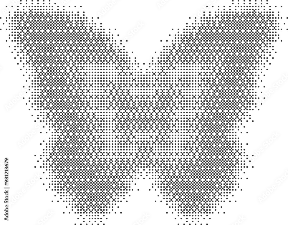 Poster bitmap pattern abstract butterfly shape. halftone gradient element. dither noisy grunge texture. gra