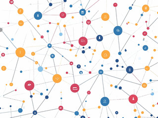 Dynamic Flat Floating Policy Network Concept - Medium Shot of Interconnected Nodes with Energy Pulsating, Revealing Labels & Connections in Smart Business Vector Illustration