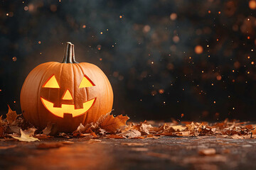 Obraz premium A pumpkin with a scary face is sitting on a table covered in autumn leaves. The pumpkin is lit up, creating a spooky atmosphere