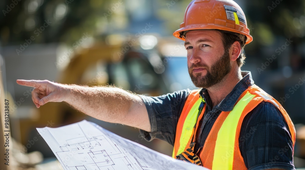 Poster a construction worker pointing at an imaginary blueprint with a serious expression.