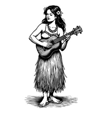 hula dancer playing ukulele black and white clip art preview