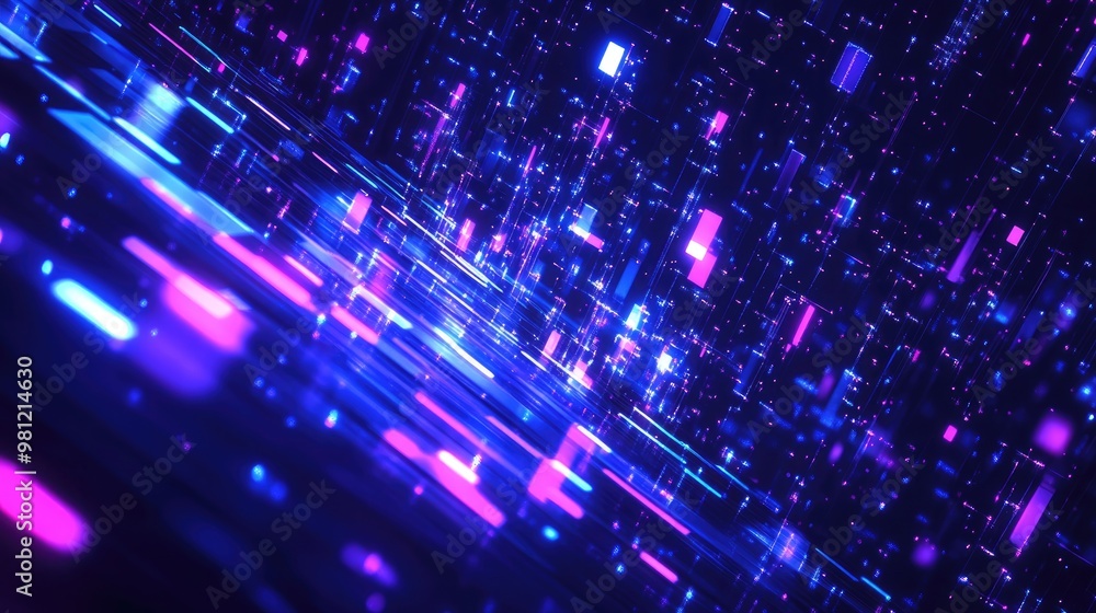 Poster abstract digital background with glowing blue and violet pixelated lights global technology and data