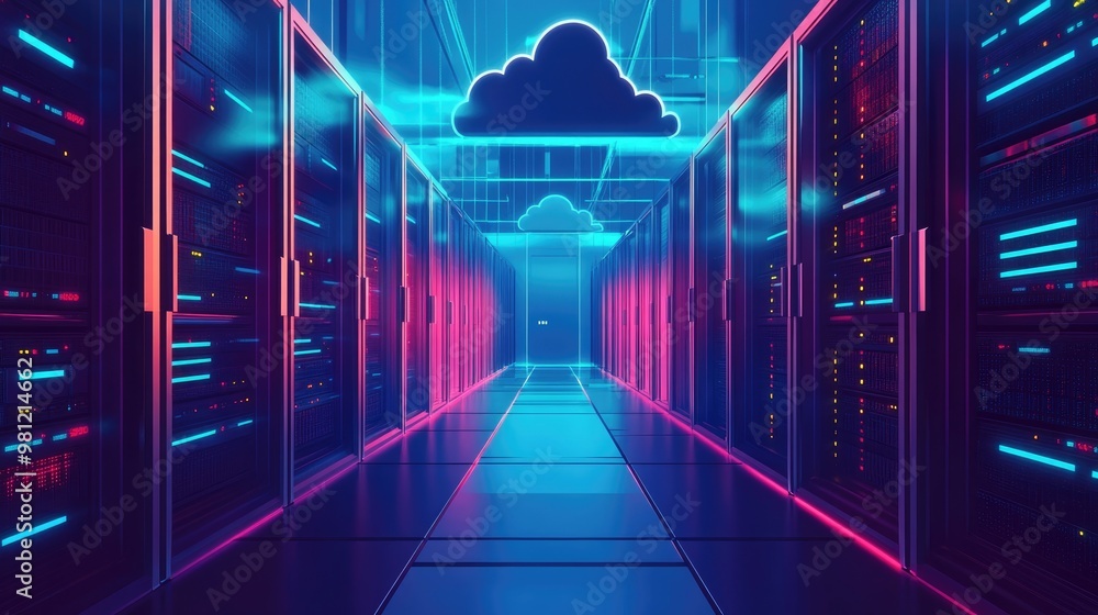 Poster cloud computing and digital storage data center with blue lighting and cloud servers