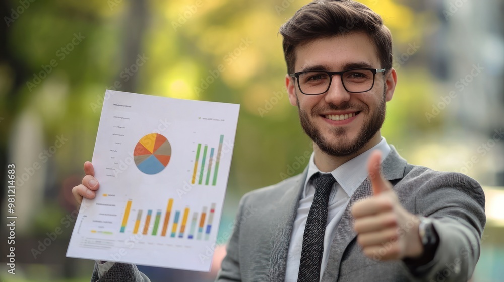 Fototapete a data analyst giving a thumbs-up while holding a report with data visualizations.