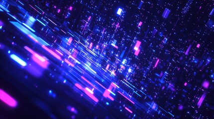 Obraz premium Abstract Digital Background With Glowing Blue And Violet Pixelated Lights Global Technology And Data Concept In Cyberpunk Style