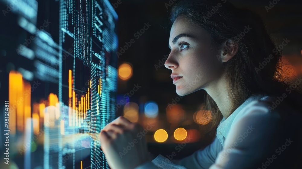 Poster a data analyst looking at a laptop screen with concentration, as if analyzing data trends.