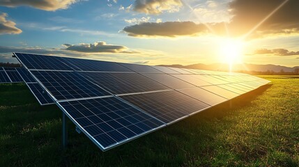 Solar panels capturing sunlight at sunset, showcasing renewable energy and sustainable technology in a natural landscape.