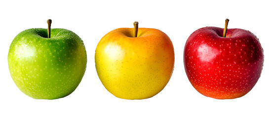 3 apples, red green yellow apples isolated on transparent background cutout, PNG file
