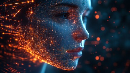 A cityscape with bright orange lights illuminating the buildings