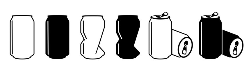 Linear icon, aluminum can with drinks. Soda can icon/ Dented soda cans icons set. 