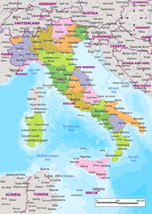 Italy political map with capital , cities, towns, national borders, rivers and lakes. labeling