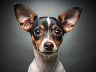 Adorable Rat Terrier puppy with big brown eyes and floppy ears looks directly at the camera, creating a heartwarming and playful studio portrait scene.